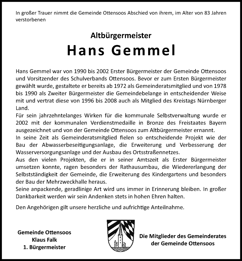  Traueranzeige für Hans Gemmel vom 18.03.2023 aus Hersbrucker Zeitung Lokal