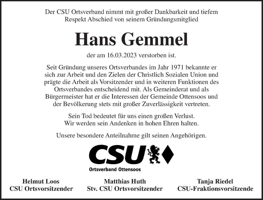  Traueranzeige für Hans Gemmel vom 21.03.2023 aus Pegnitz-Zeitung