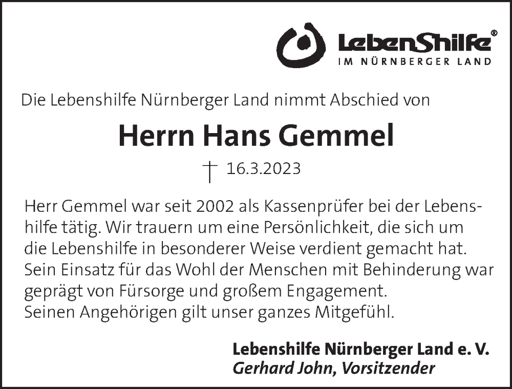  Traueranzeige für Hans Gemmel vom 24.03.2023 aus Pegnitz-Zeitung
