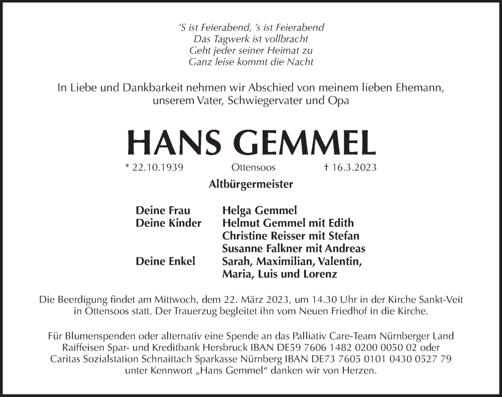  Traueranzeige für Hans Gemmel vom 18.03.2023 aus Pegnitz-Zeitung