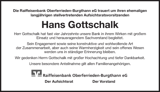 Traueranzeige von Hans Gottschalk von Der Bote