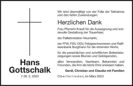 Traueranzeige von Hans Gottschalk von Der Bote