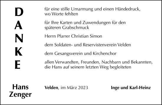 Traueranzeige von Hans Zenger von Hersbrucker Zeitung Lokal