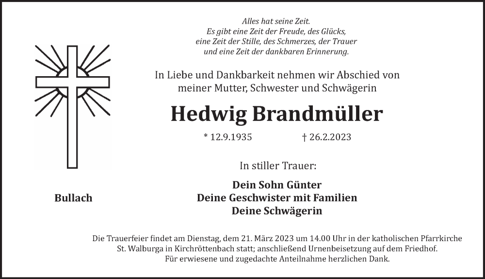  Traueranzeige für Hedwig Brandmüller vom 18.03.2023 aus Pegnitz-Zeitung