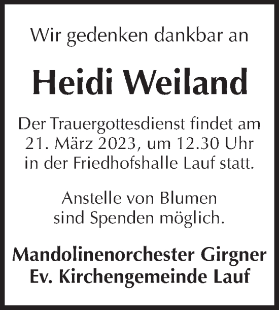 Traueranzeige von Heidi Weiland von Pegnitz-Zeitung