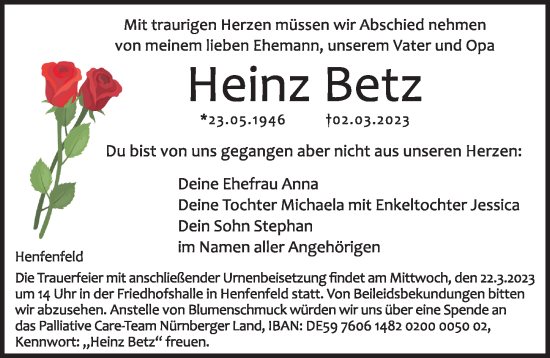 Traueranzeige von Heinz Betz von Hersbrucker Zeitung Lokal