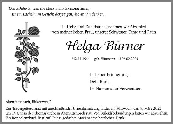 Traueranzeige von Helga Bürner von Hersbrucker Zeitung Lokal