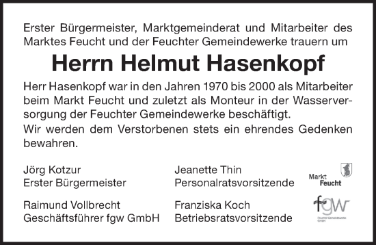 Traueranzeige von Helmut Hasenkopf von Der Bote