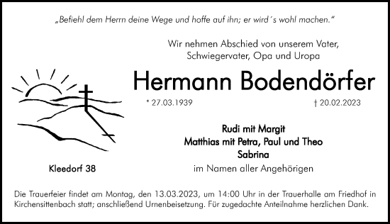 Traueranzeige von Hermann Bodendörfer von Hersbrucker Zeitung Lokal