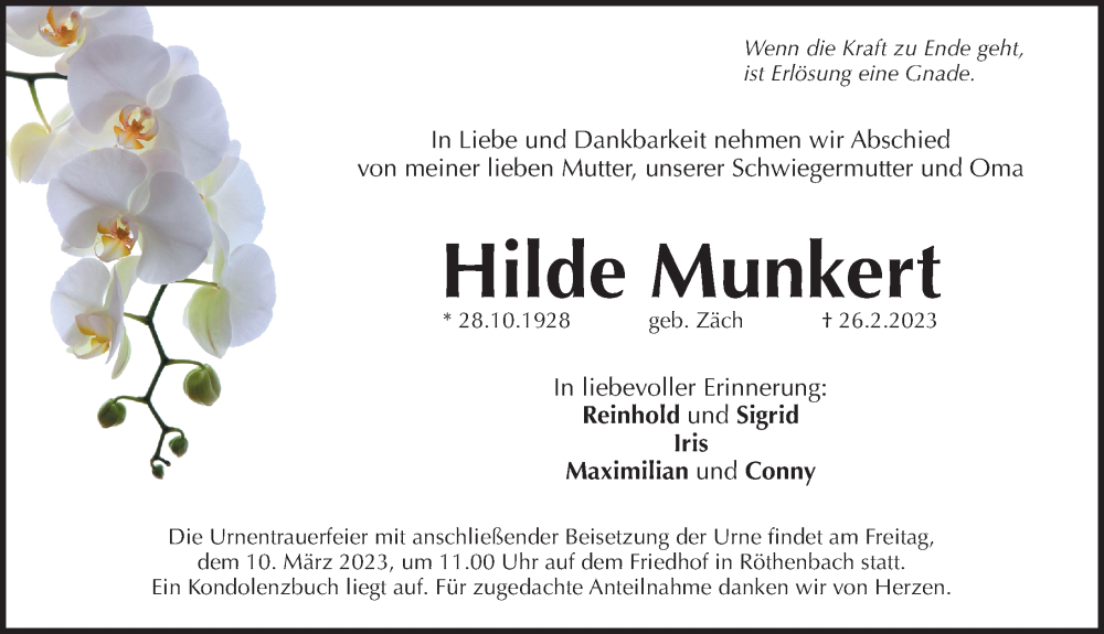  Traueranzeige für Hilde Munkert vom 04.03.2023 aus Pegnitz-Zeitung