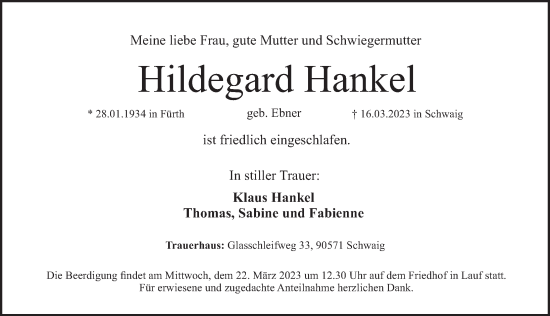 Traueranzeige von Hildegard Hankel von Pegnitz-Zeitung