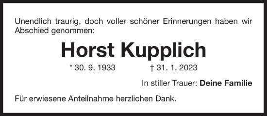 Traueranzeige von Horst Kupplich von Der Bote