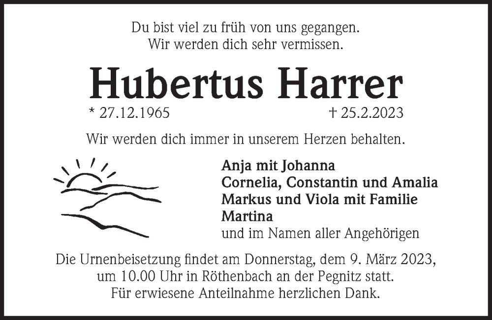  Traueranzeige für Hubertus Harrer vom 04.03.2023 aus Pegnitz-Zeitung