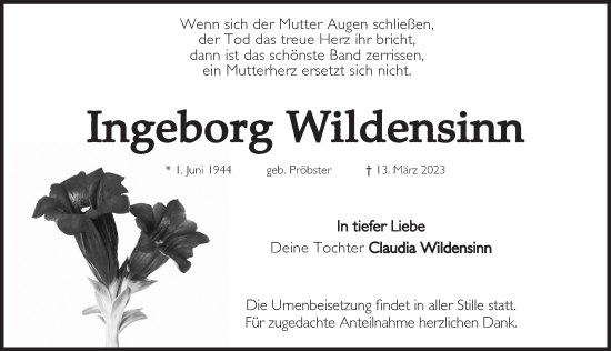 Traueranzeige von Ingeborg Wildensinn von Pegnitz-Zeitung