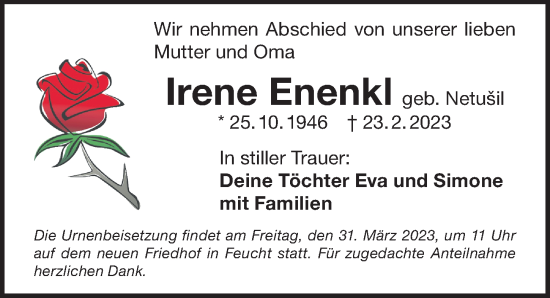 Traueranzeige von Irene Enenkl von Der Bote
