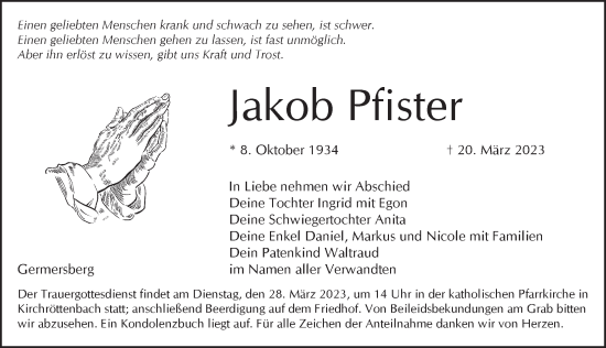 Traueranzeige von Jakob Pfister von Pegnitz-Zeitung