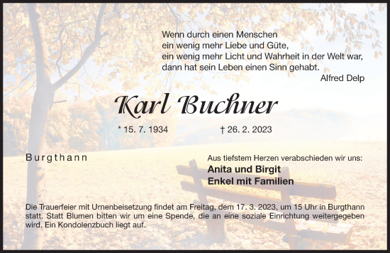 Traueranzeige von Karl Buchner von Der Bote