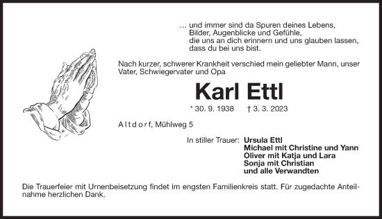 Traueranzeige von Karl Ettl von Der Bote