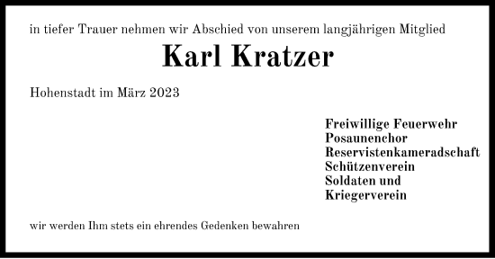 Traueranzeige von Karl Kratzer von Hersbrucker Zeitung Lokal