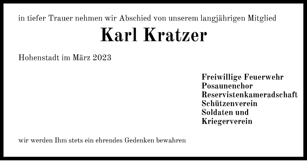  Traueranzeige für Karl Kratzer vom 22.03.2023 aus Hersbrucker Zeitung Lokal