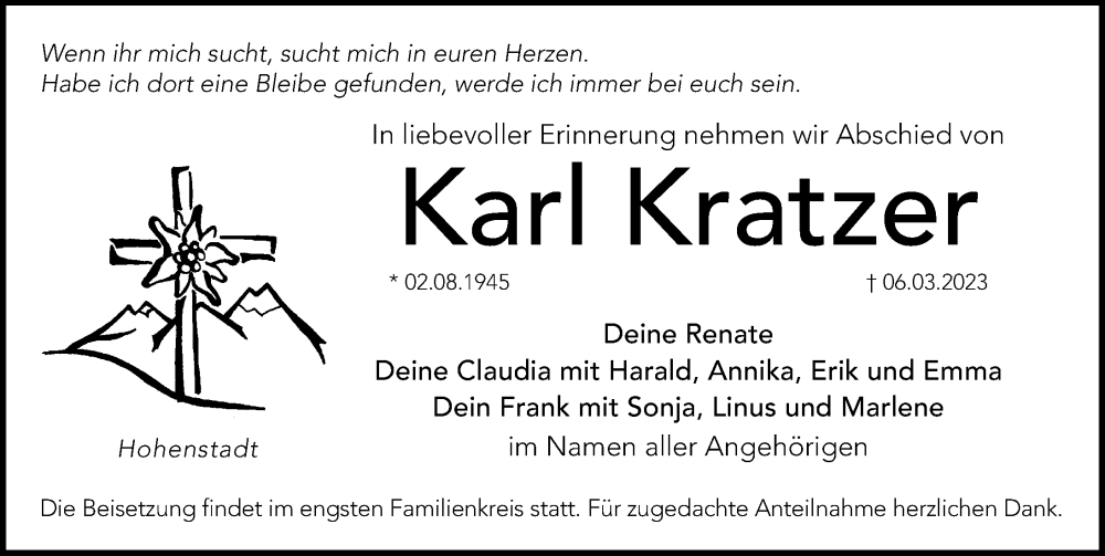  Traueranzeige für Karl Kratzer vom 18.03.2023 aus Hersbrucker Zeitung Lokal