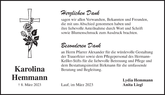 Traueranzeige von Karolina Hemmann von Pegnitz-Zeitung