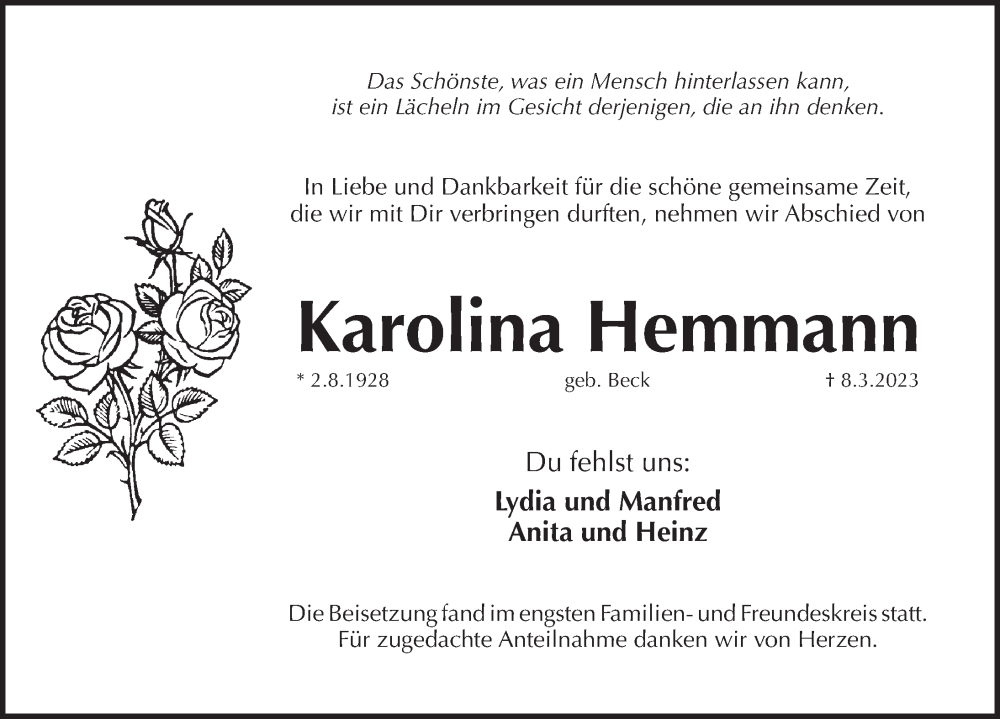  Traueranzeige für Karolina Hemmann vom 18.03.2023 aus Pegnitz-Zeitung