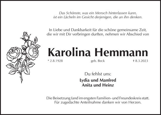Traueranzeige von Karolina Hemmann von Pegnitz-Zeitung