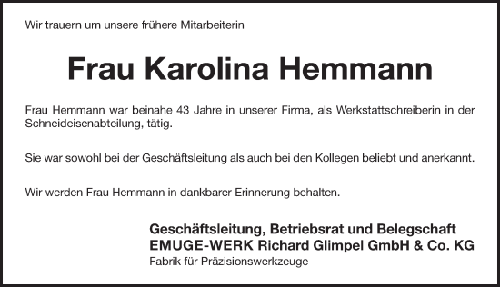 Traueranzeige von Karolina Hemmann von Pegnitz-Zeitung