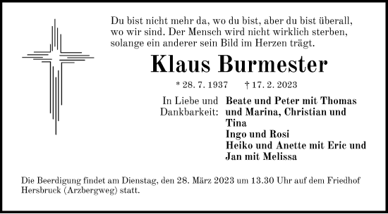 Traueranzeige von Klaus Burmester von Hersbrucker Zeitung Lokal