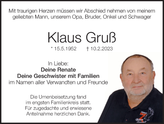 Traueranzeige von Klaus Gruß von Pegnitz-Zeitung