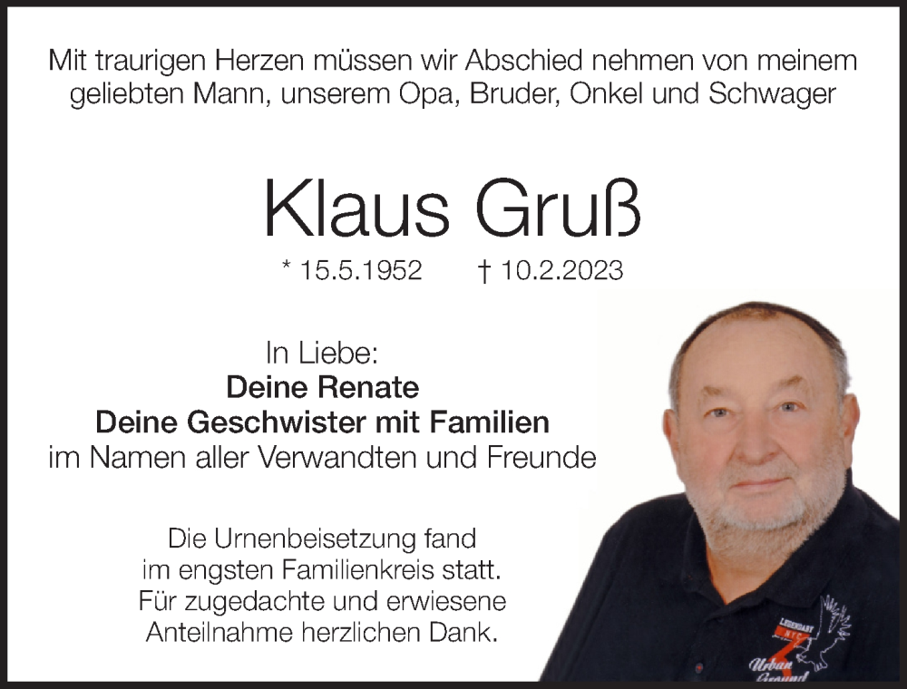  Traueranzeige für Klaus Gruß vom 04.03.2023 aus Pegnitz-Zeitung