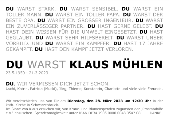 Traueranzeige von Klaus Mühlen von Der Bote