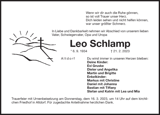 Traueranzeige von Leo Schlamp von Der Bote