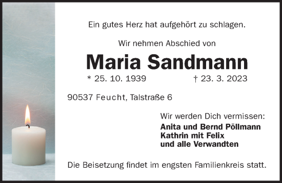 Traueranzeige von Maria Sandmann von Der Bote