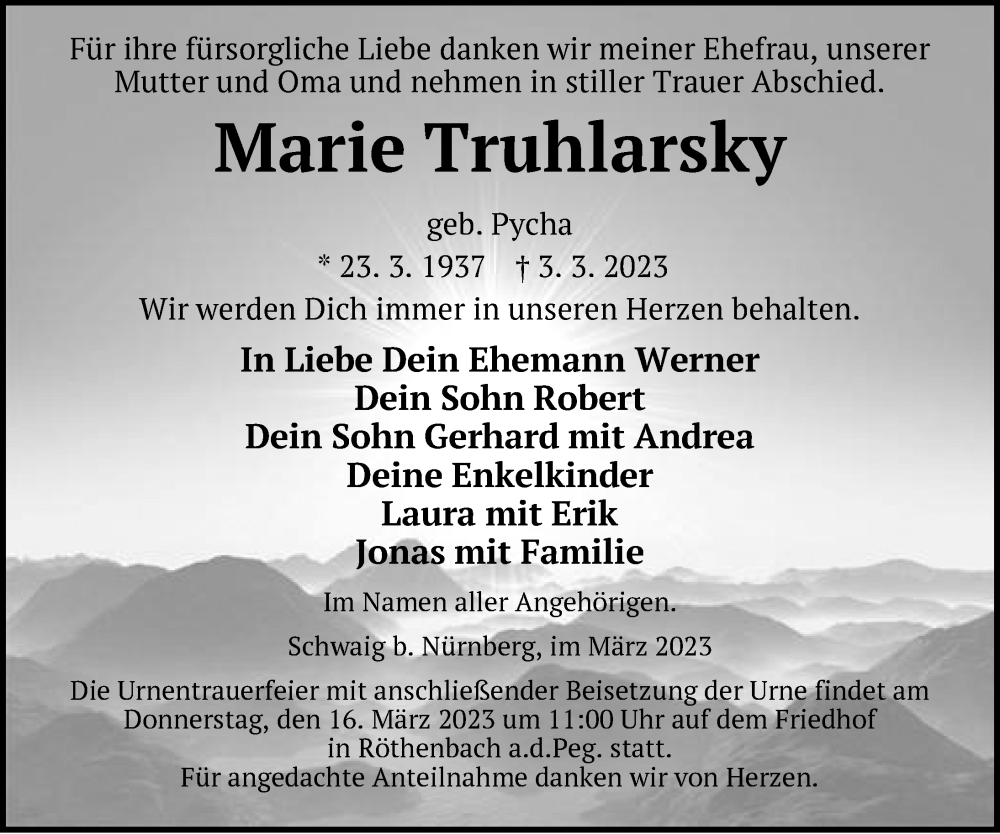  Traueranzeige für Marie Truhlarsky vom 11.03.2023 aus Pegnitz-Zeitung