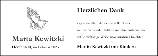 Traueranzeige von Marta Kewitzki von Hersbrucker Zeitung Lokal
