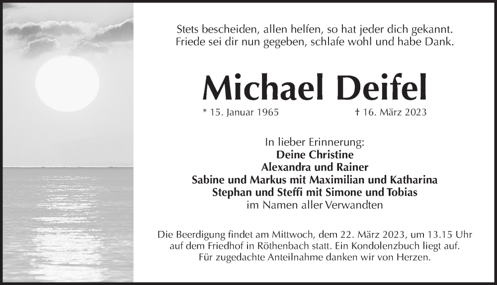  Traueranzeige für Michael Deifel vom 21.03.2023 aus Pegnitz-Zeitung