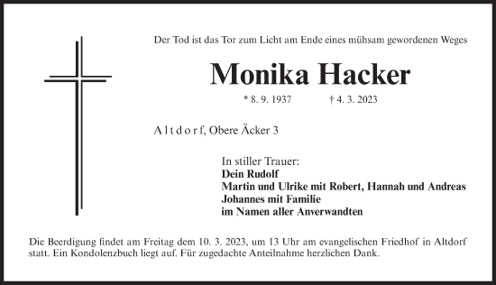 Traueranzeige von Monika Hacker von Der Bote