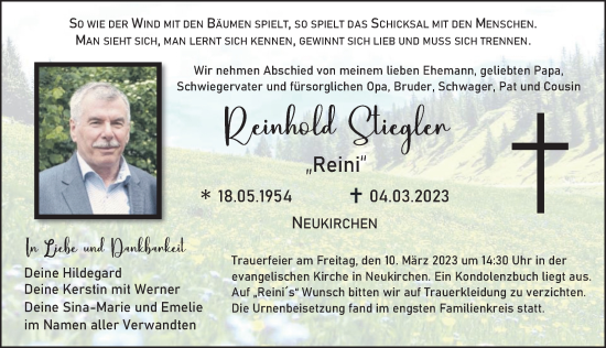 Traueranzeige von Reinhold Stiegler von Hersbrucker Zeitung Lokal