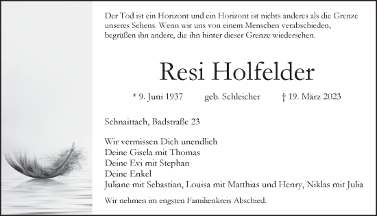 Traueranzeige von Resi Holfelder von Pegnitz-Zeitung