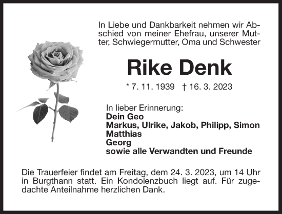 Traueranzeige von Rike Denk von Der Bote