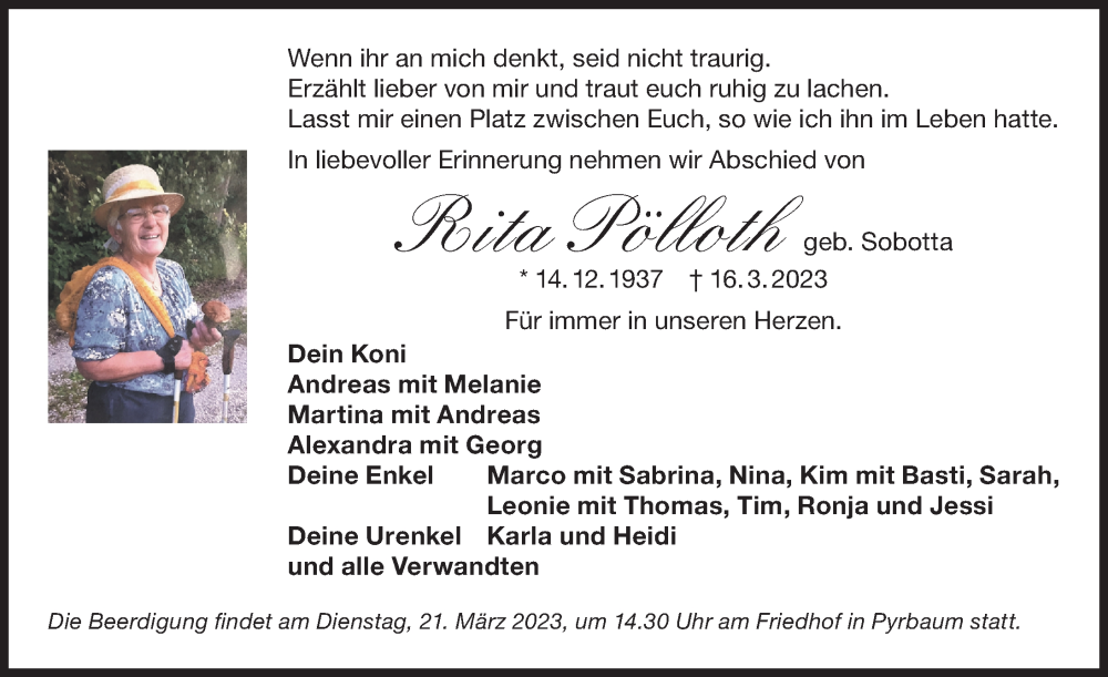  Traueranzeige für Rita Pölloth vom 18.03.2023 aus Der Bote
