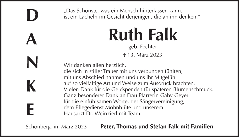  Traueranzeige für Ruth Falk vom 25.03.2023 aus Pegnitz-Zeitung