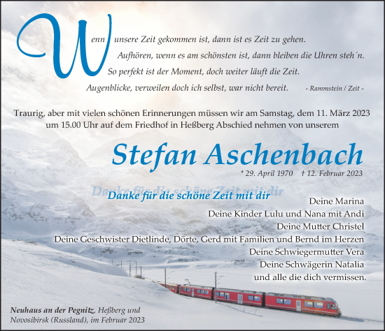 Traueranzeige von Stefan Aschenbach von Hersbrucker Zeitung Lokal