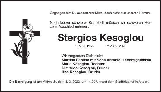 Traueranzeige von Stergios Kesoglou von Der Bote