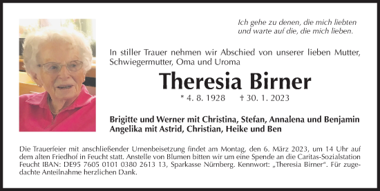 Traueranzeige von Theresia Birner von Der Bote