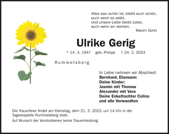 Traueranzeige von Ulrike Gerig von Der Bote