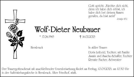 Traueranzeige von Wolf-Dieter Neubauer von Hersbrucker Zeitung Lokal