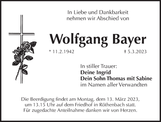 Traueranzeige von Wolfgang Bayer von Pegnitz-Zeitung